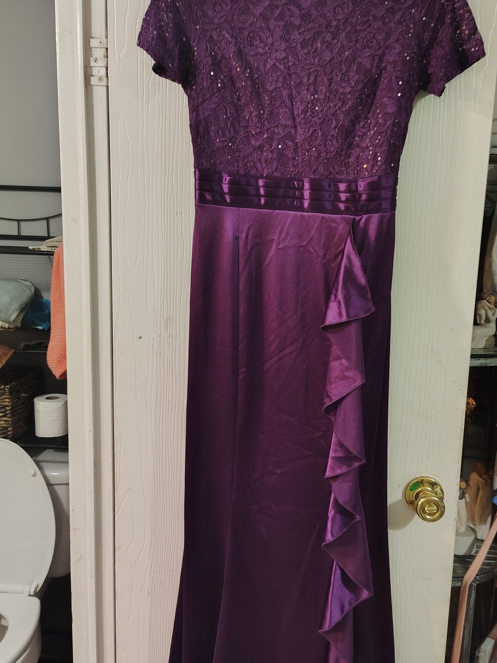 Miusol Deep Purple Lace Bodice Satin Maxi Dress comes with shoes and earrings